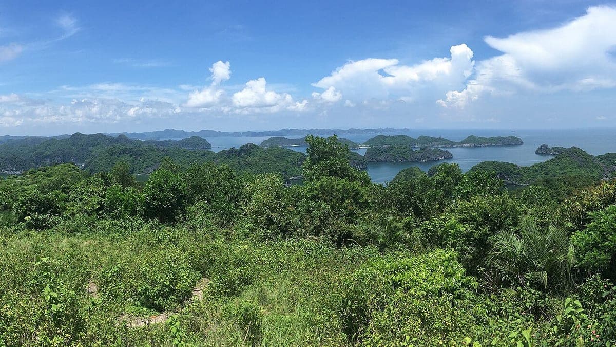 Lan Ha Bay limestone islands and floating village near Cat Ba